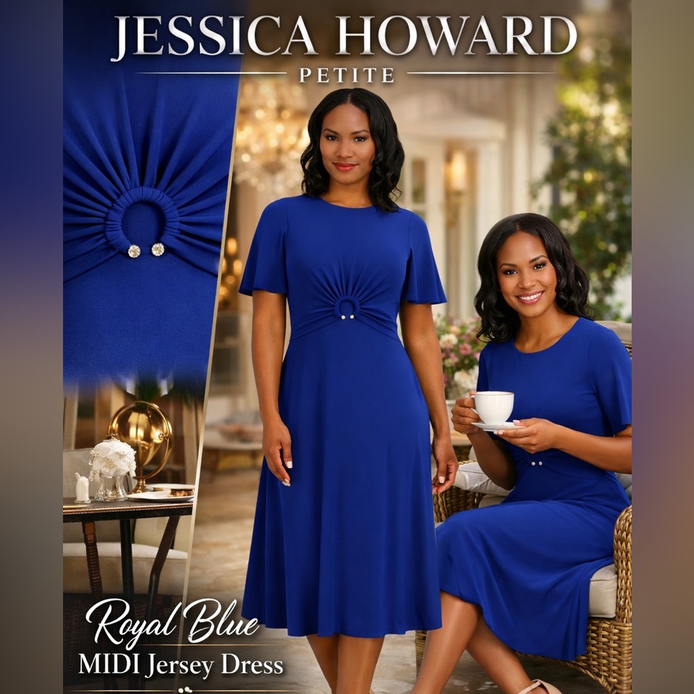 Jessica Howard Petite Royal Blue Jersey Midi Dress 8P NWT Round Neck Classic Fit - Picture 1 of 7